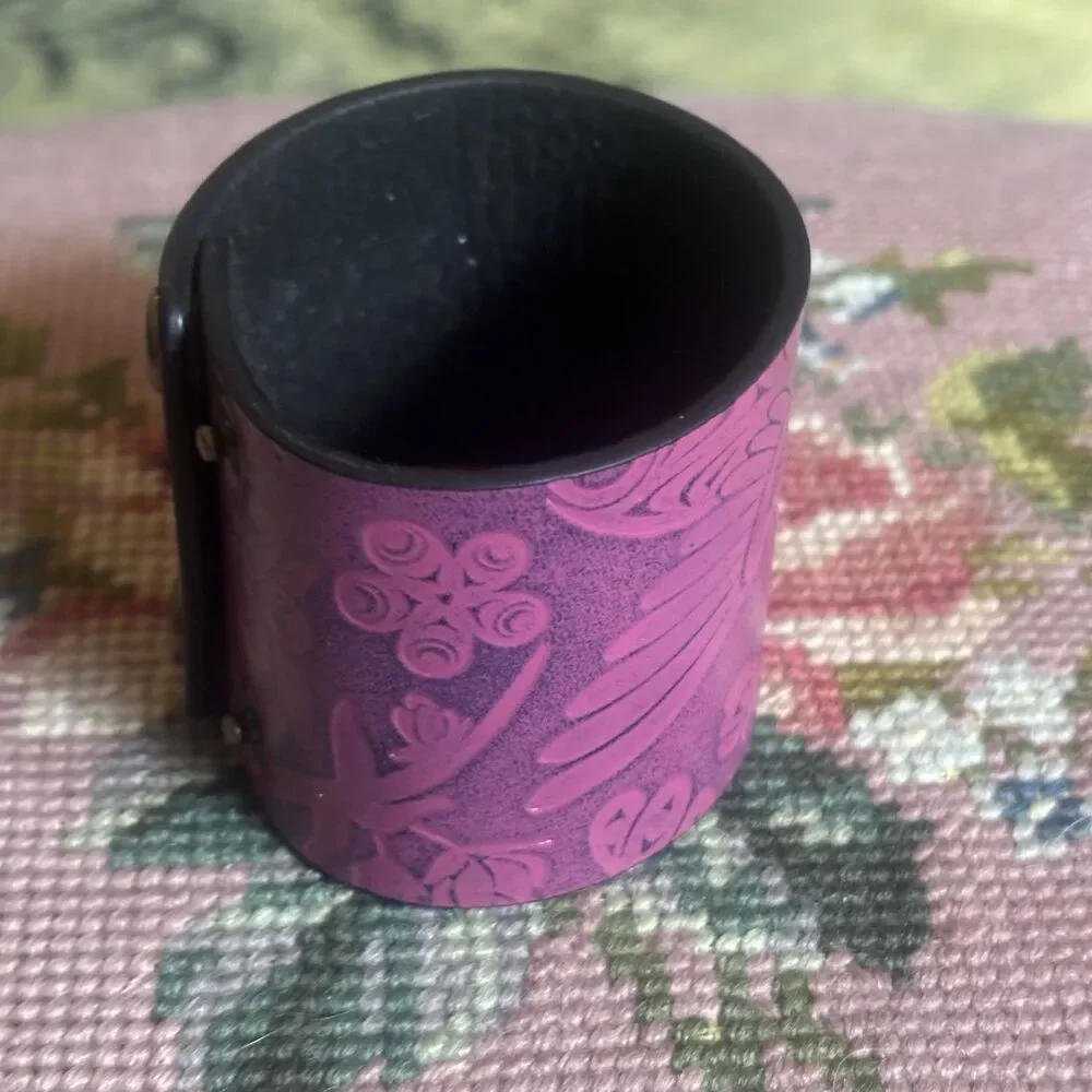 NW Coast Salish Pink Leather Cuff Bracelet Hummingbird Simone Diamond Tooled